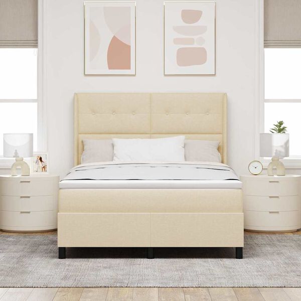 vidaXL LED Box Spring Bed med madras Creme 160 x 200 cm Stof