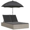 vidaXL dobbelt loungesofa med hynder og parasol polyrattan lysegr&aring;