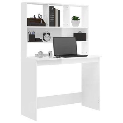 vidaXL skrivebord m. hylde 102x45x148 cm konstrueret træ hvid højglans
