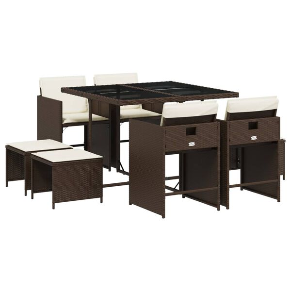vidaXL spisebordss&aelig;t til haven 9 dele med hynder polyrattan brun