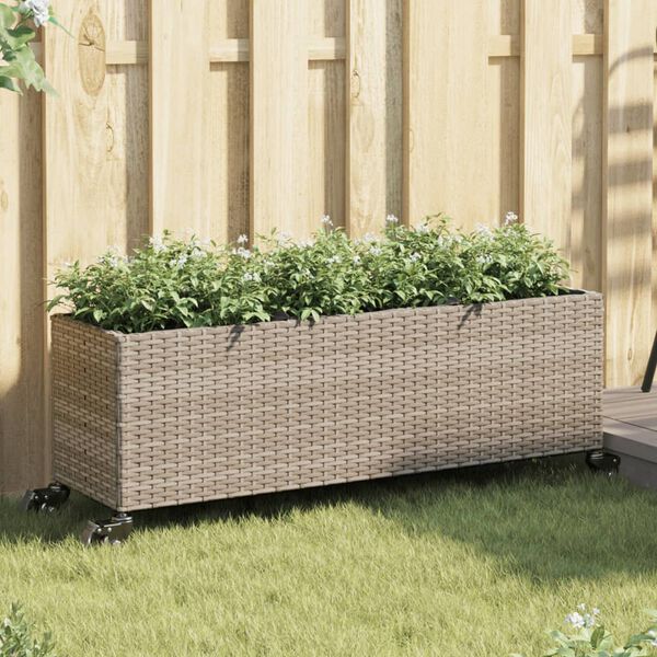 vidaXL plantekasse med hjul og 3 krukker 107x32x38 cm polyrattan gr&aring;