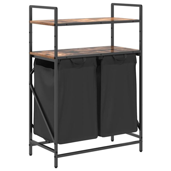 vidaXL vasketøjskurv 2 rum med hylder røget egetræsfarve