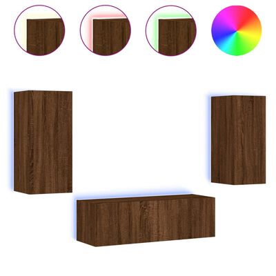 vidaXL tv-møbel til væg 3 dele med LED-lys brun egetræsfarve