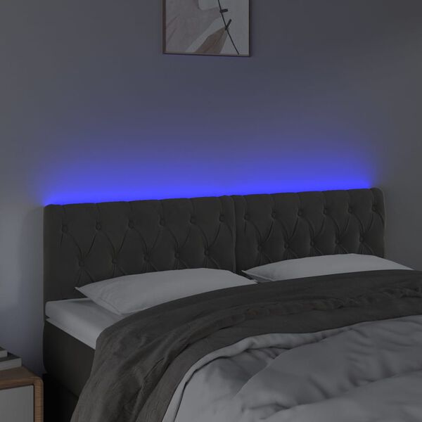 vidaXL sengegavl med LED-lys 144x7x78/88 cm velour m&oslash;rkegr&aring;