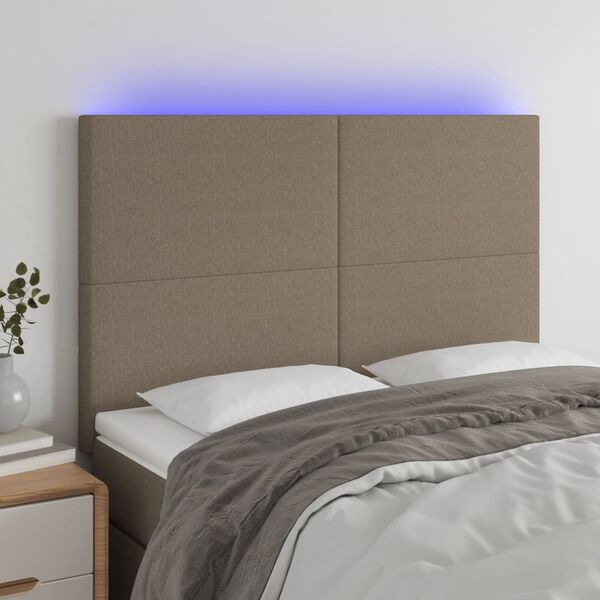 vidaXL sengegavl med LED-lys 144x5x118/128 cm stof gr&aring;brun