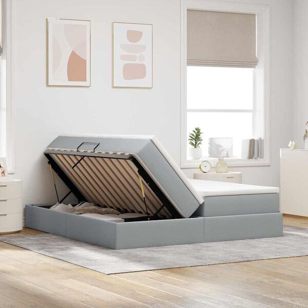 vidaXL Seng med opbevaring og madras Lysegr&aring; 200 x 200 cm Polyester