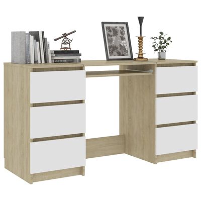 vidaXL skrivebord 140x50x77 cm konstrueret træ hvid og sonoma-eg