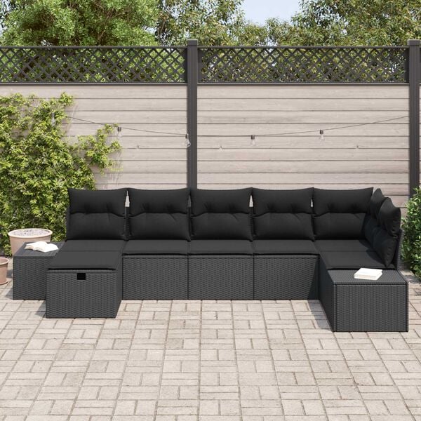 vidaXL Havesofa Sæt med pude 7 pcs Sort polyrattan