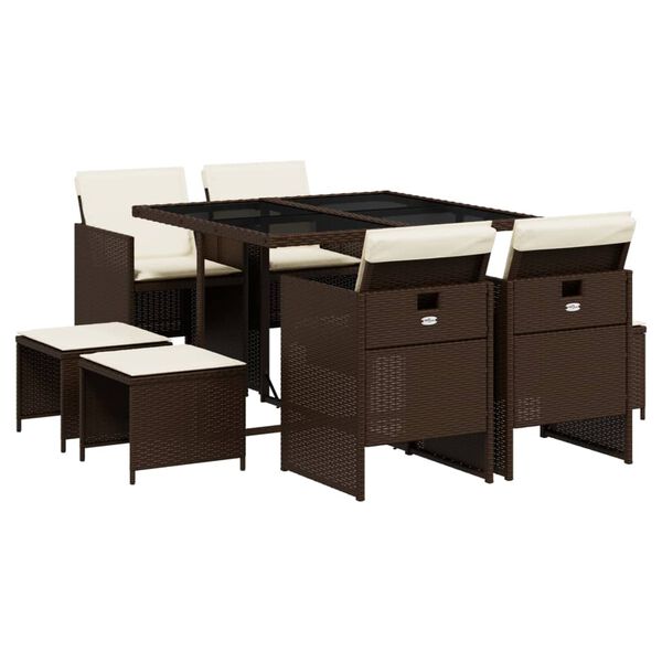 vidaXL spisebordss&aelig;t til haven 9 dele med hynder polyrattan brun