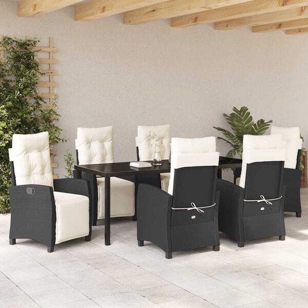 vidaXL Have Spisebordss&aelig;t med pude 7 pcs Sort polyrattan