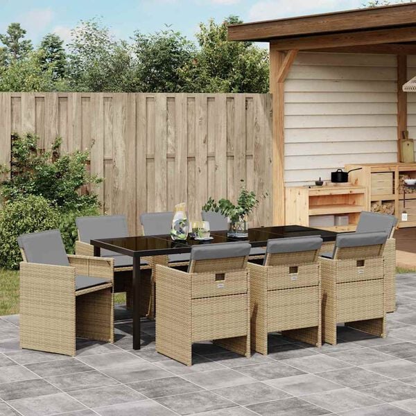 vidaXL Have Spisebordss&aelig;t med pude 9 pcs Beige polyrattan