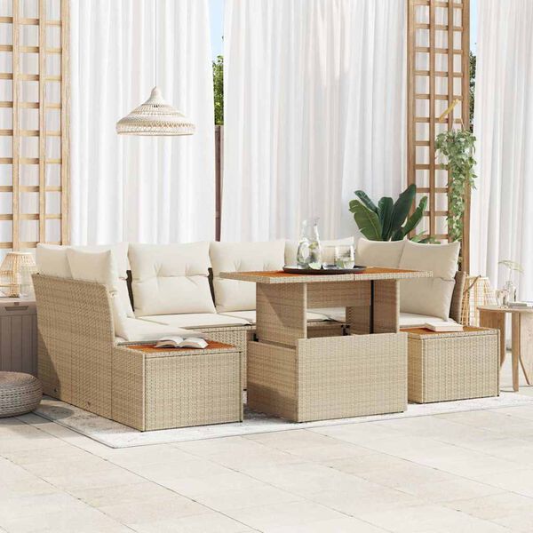 vidaXL Havesofa S&aelig;t med opbevaring 7 pcs Beige Poly rattan