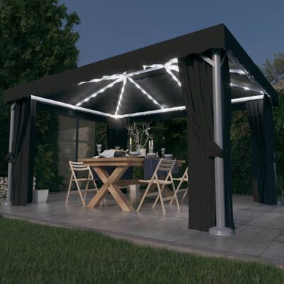 vidaXL pavillon med gardin og LED-lyskæder 4x3 m antracitgrå