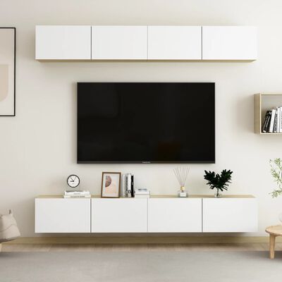 vidaXL tv-skabe 4 dele 100x30x30 cm spånplade hvid og sonoma-eg