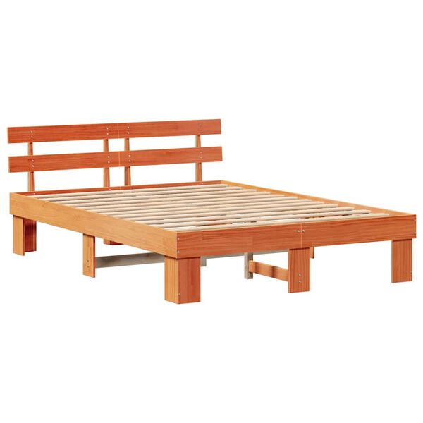 vidaXL Sengestel med hovedg&aelig;rde Voks brun 140 x 200 cm Massiv fyrretr&aelig;