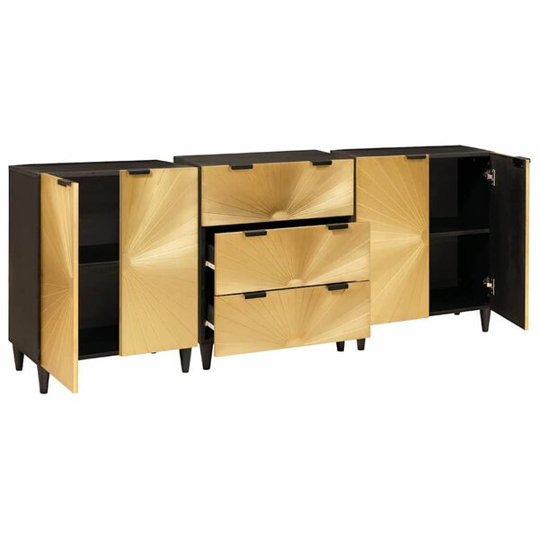 vidaXL Sideboard 3 pcs Sort og Guld 60 x 33 x 75 cm Massivt mangotræ