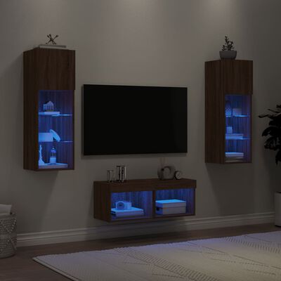 vidaXL tv-møbel til væg med LED-lys 4 dele brun egetræsfarve