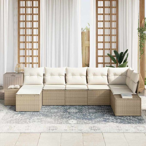 vidaXL Havesofa S&aelig;t med pude med opbevaring 7 pcs Beige polyrattan