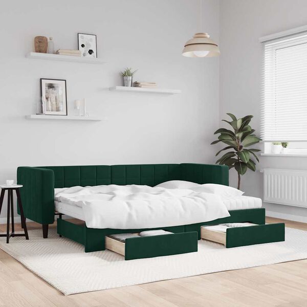 vidaXL daybed med udtr&aelig;k og skuffer 80x200 cm velour m&oslash;rkegr&oslash;n