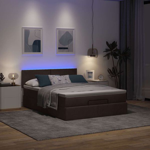 vidaXL Ottoman seng med madras & LEDs M&oslash;rkebrun 140x190 cm Stof