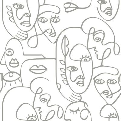 Noordwand tapet Friends & Coffee Line Art Faces hvid og metallisk