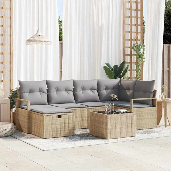 vidaXL Sofa S&aelig;t med pude 7 pcs Beige og lys gr&aring; polyrattan
