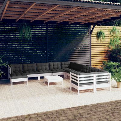 vidaXL loungesæt til haven 12 dele med hynder massivt fyrretræ hvid