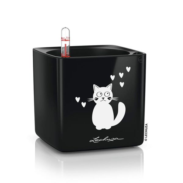 LECHUZA plantekrukke CUBE Glossy CAT 14 ALL-IN-ONE sort højglans