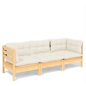 vidaXL 3-personers havesofa med cremefarvede hynder massivt fyrretr&aelig;