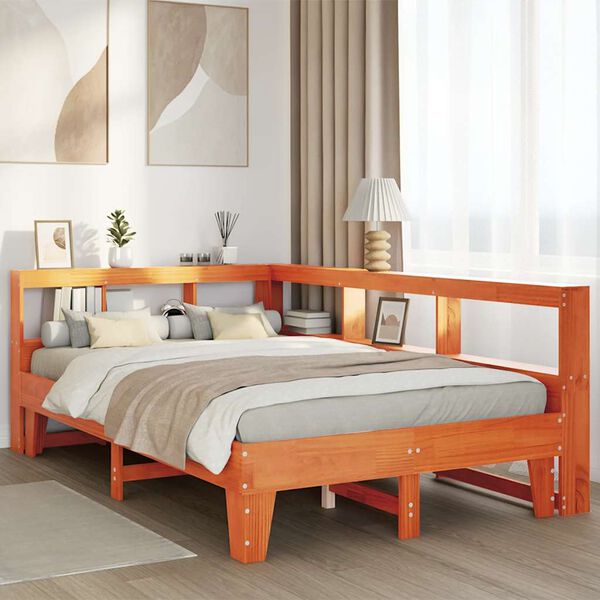 vidaXL seng med reol uden madras 135x190cm massivt fyrretr&aelig; gyldenbrun