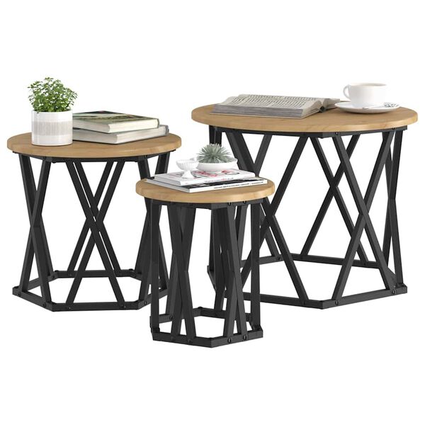 vidaXL Nesting Sidebord 3 pcs Artisan Egetr&aelig; Ingeni&oslash;rtr&aelig; og st&aring;l