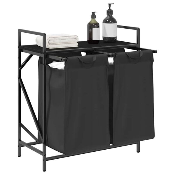vidaXL vasketøjskurv 2 rum med hylde sort egetræsfarve
