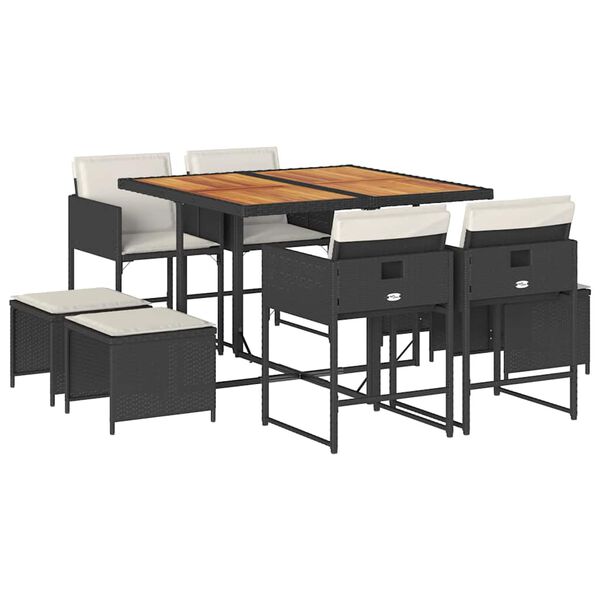 vidaXL spisebordss&aelig;t til haven 9 dele med hynder polyrattan sort