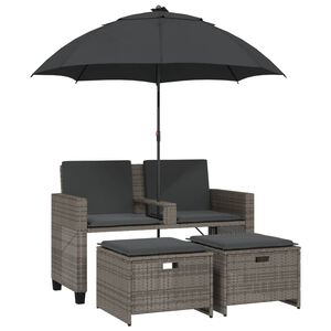 vidaXL 2-personers havesofa med parasol og skamler polyrattan gr&aring;