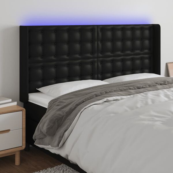 vidaXL sengegavl med LED-lys 163x16x118/128 cm kunstl&aelig;der sort