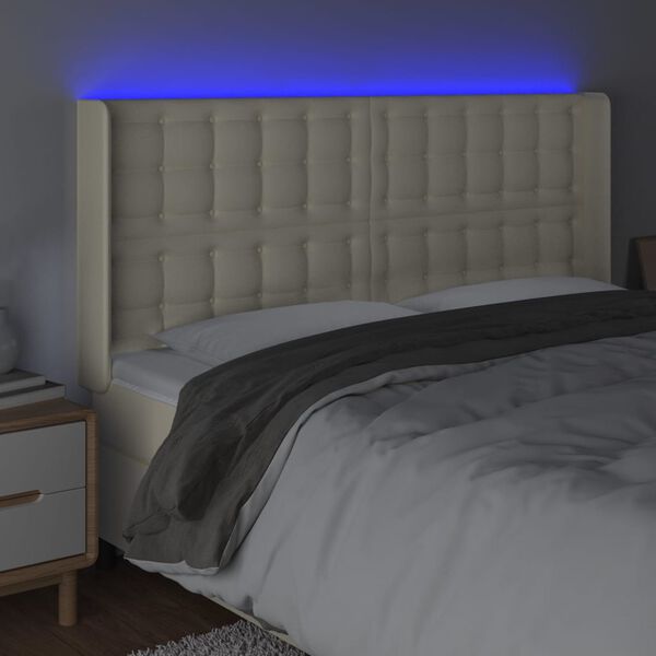 vidaXL sengegavl med LED-lys 163x16x118/128 cm kunstl&aelig;der cremefarvet