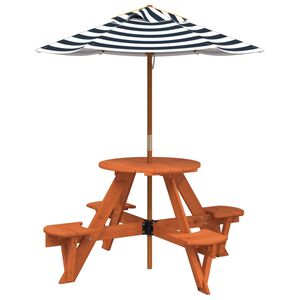 vidaXL picnicbord til 4 b&oslash;rn m. parasol rundt massivt grantr&aelig;