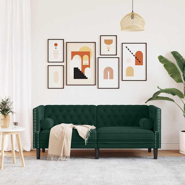 vidaXL 2-personers Chesterfield-sofa med bolsterpuder fløjl mørkegrøn