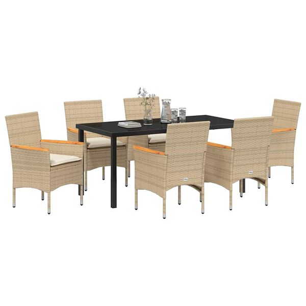 vidaXL Have Spisebordss&aelig;t med pude 7 pcs Beige polyrattan