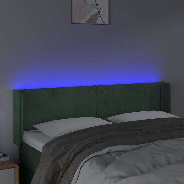 vidaXL sengegavl med LED-lys 147x16x78/88 cm fl&oslash;jl m&oslash;rkegr&oslash;n