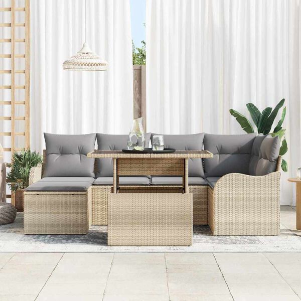 vidaXL Havesofa S&aelig;t med pude 7 pcs Beige Poly rattan