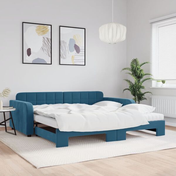 vidaXL daybed med udtr&aelig;k og madras 100x200 cm velour bl&aring;