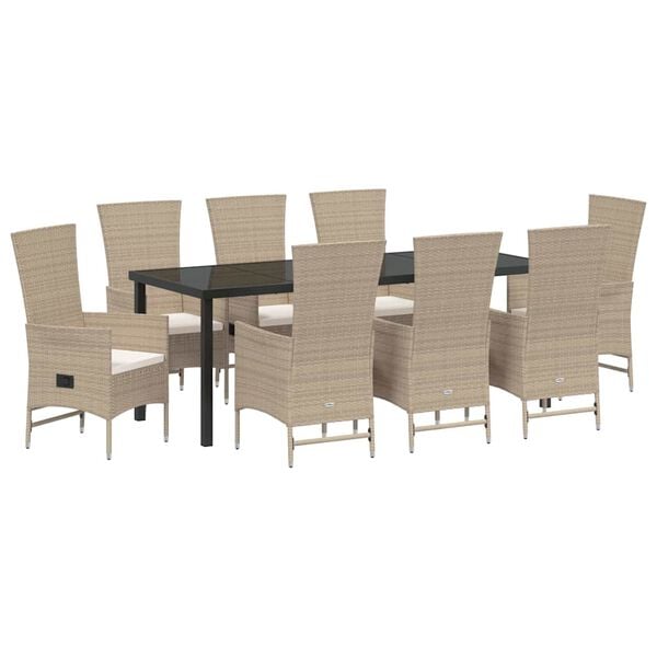 vidaXL Have Spisebordss&aelig;t med pude 9 pcs Beige polyrattan