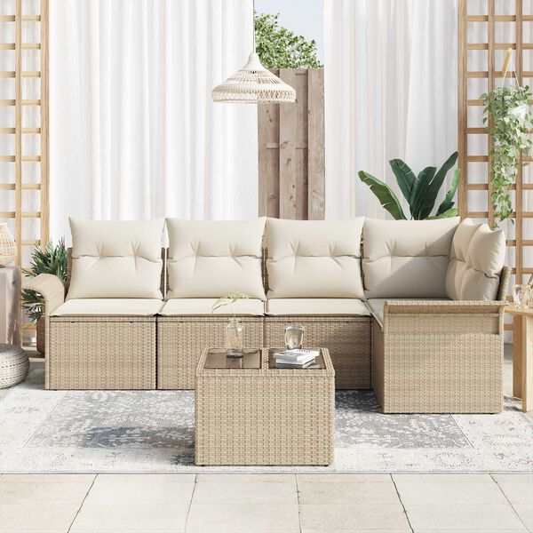 vidaXL Havesofa S&aelig;t med pude med opbevaring 6 pcs Beige Poly rattan