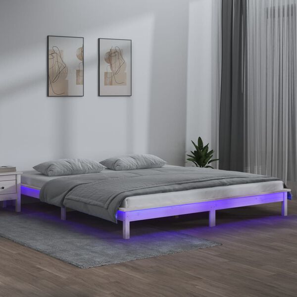 vidaXL sengeramme med LED-lys 120x190 cm Small Double massivt tr&aelig; hvid