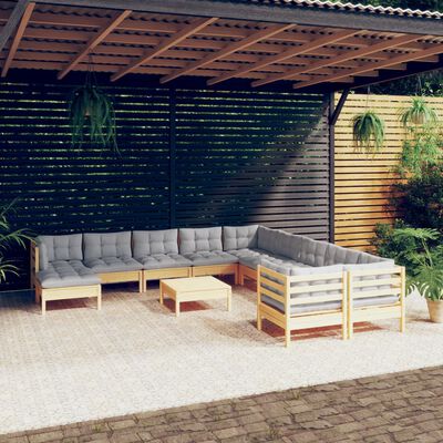 vidaXL loungesæt til haven 12 dele med grå hynder fyrretræ