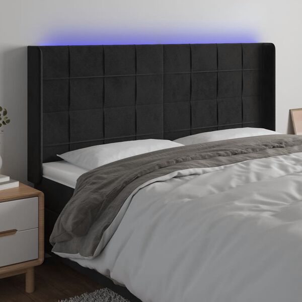 vidaXL sengegavl med LED-lys 203x16x118/128 cm fl&oslash;jl sort