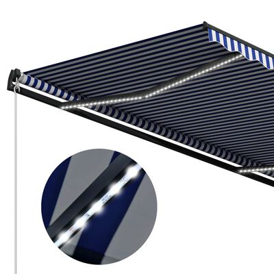 vidaXL markise med vindsensor og LED 350x250 cm blå og hvid