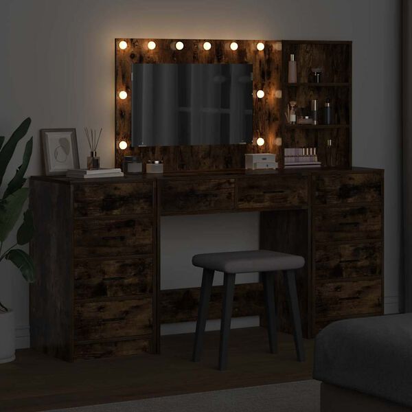 vidaXL Kl&aelig;deskab med spejllys med hylde 3 pcs R&oslash;get eg Konstrueret tr&aelig;