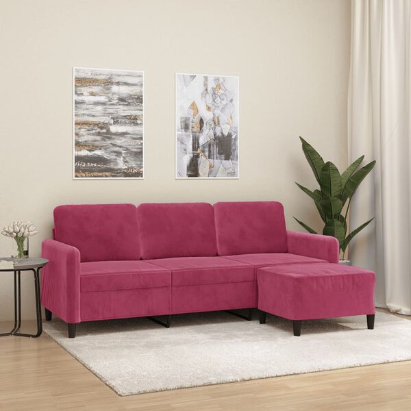 vidaXL 3-personers sofa med fodskammel 180 cm velour vinr&oslash;d